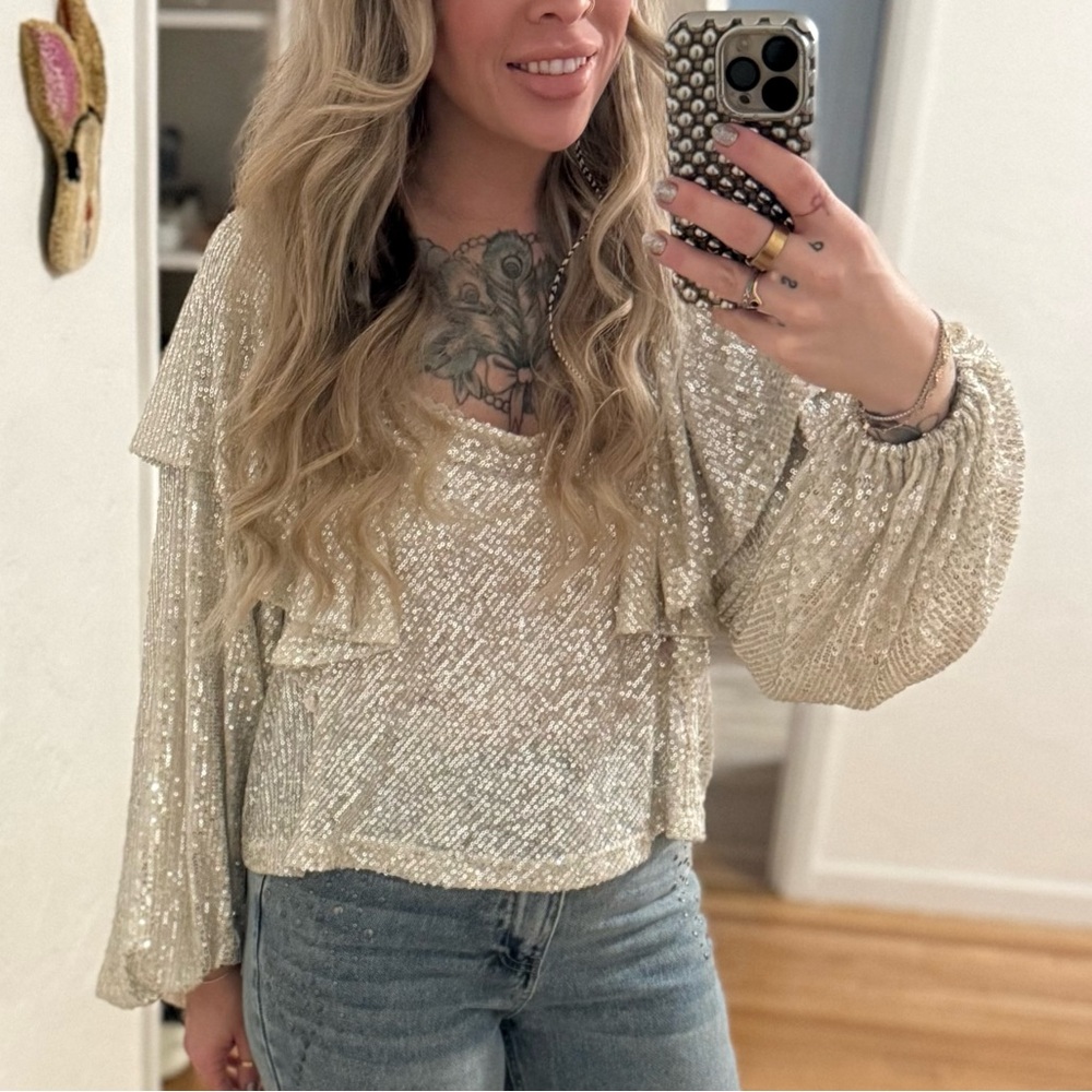 Free People Champagne Sequin Ruffle Blouse